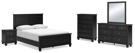 Cama Lanolee con paneles, cómoda con espejo y mesita de noche