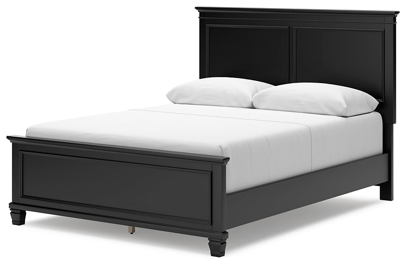 Cama Lanolee con paneles, cómoda con espejo y mesita de noche