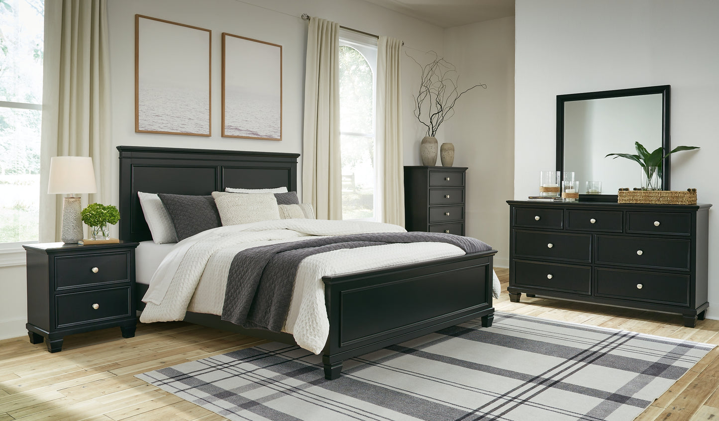 Cama Lanolee con paneles, cómoda con espejo y mesita de noche