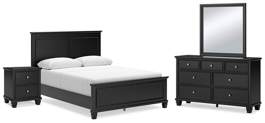 Cama Lanolee con paneles, cómoda con espejo y mesita de noche