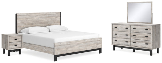Cama Vessalli con paneles, cómoda con espejo y mesita de noche