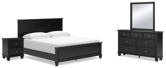 Cama Lanolee con paneles, cómoda con espejo y mesita de noche