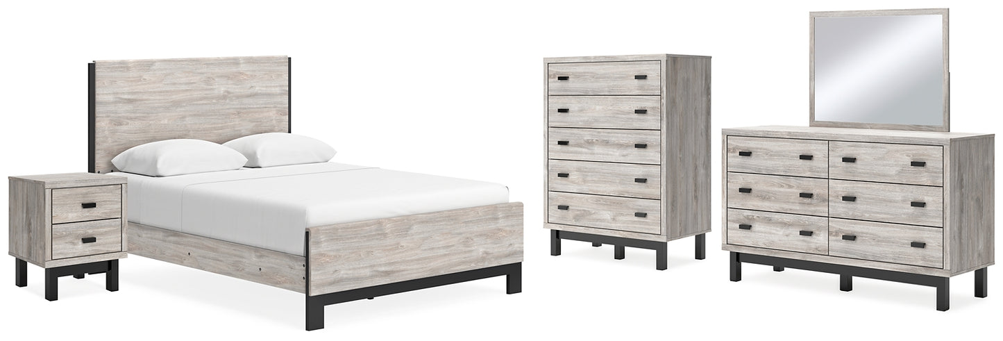 Cama Vessalli con paneles, cómoda con espejo y mesita de noche