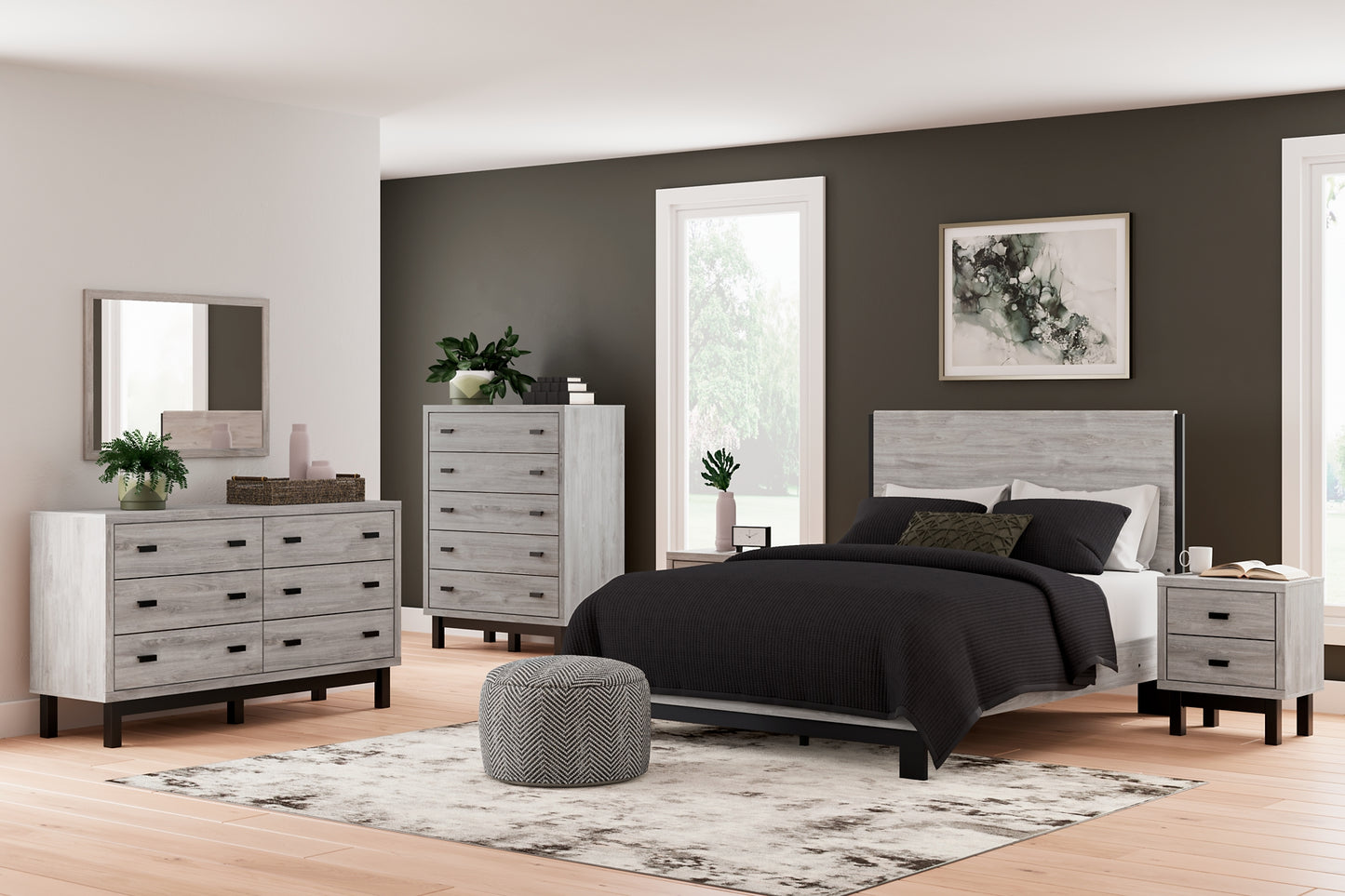 Cama Vessalli con paneles, cómoda con espejo y mesita de noche