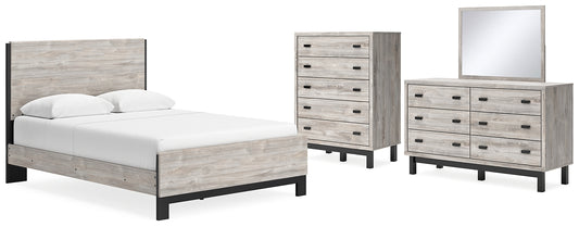 Cama Vessalli con paneles, cómoda y espejo