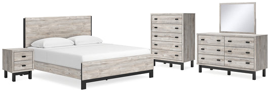 Cama Vessalli con paneles, cómoda con espejo y mesita de noche