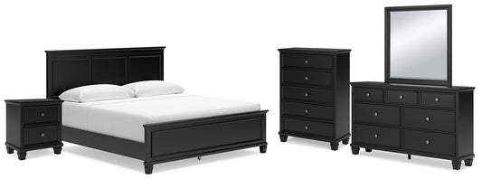 Cama Lanolee con paneles, cómoda con espejo y mesita de noche