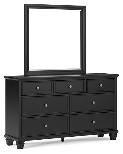 Cama California con paneles Lanolee, cómoda con espejo y mesita de noche