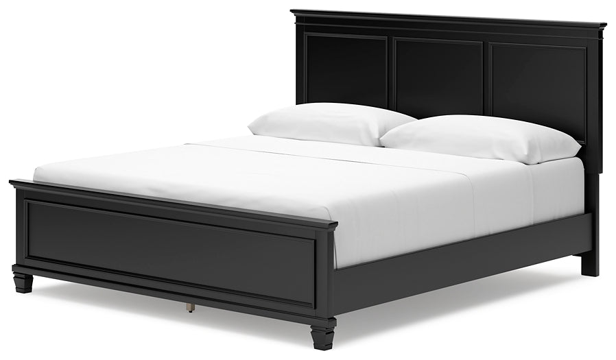 Cama California con paneles Lanolee, cómoda con espejo y mesita de noche