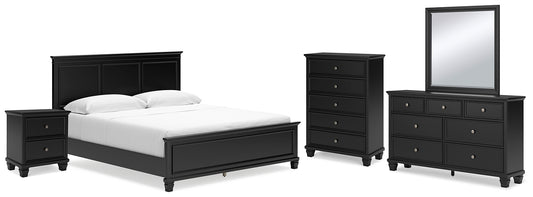 Cama California con paneles Lanolee, cómoda con espejo y mesita de noche