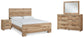Cama Hyanna con paneles, tocador con espejo y mesita de noche