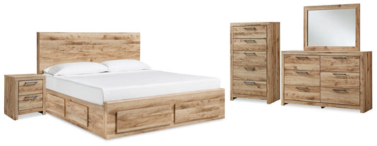 Cama Hyanna con almacenamiento, tocador con espejo, cómoda y mesita de noche