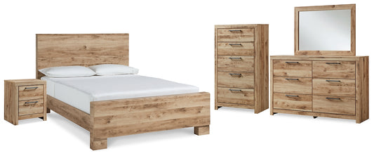Cama Hyanna con paneles, cómoda con espejo y mesita de noche