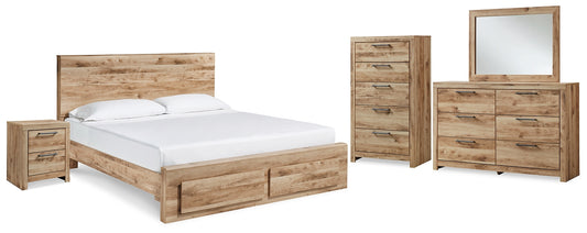 Cama Hyanna con almacenamiento, tocador con espejo, cómoda y mesita de noche