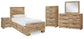 Cama Hyanna con paneles y espacio de almacenamiento, con tocador con espejo, cómoda y mesita de noche