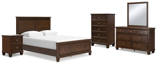 Cama con paneles Danabrin, cómoda con espejo y mesita de noche