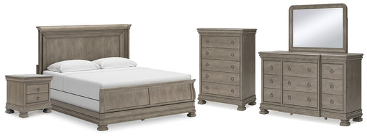 Cama tipo trineo Lexorne con tocador con espejo, cómoda y mesita de noche