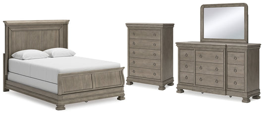 Cama tipo trineo Lexorne con cómoda y arcón con espejo