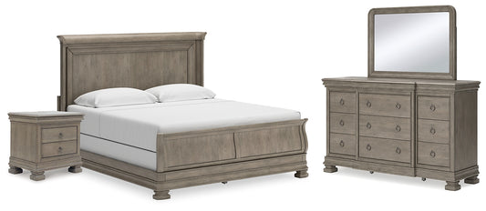 Cama tipo trineo Lexorne con tocador con espejo y mesita de noche