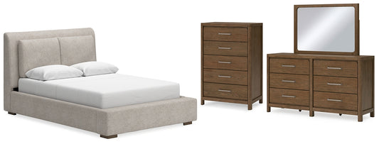 Cama tapizada Cabalynn con cómoda y espejo