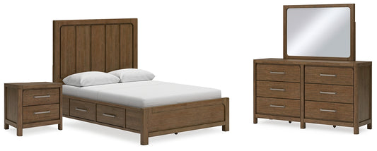 Cama Cabalynn con paneles y espacio de almacenamiento, tocador con espejo y mesita de noche