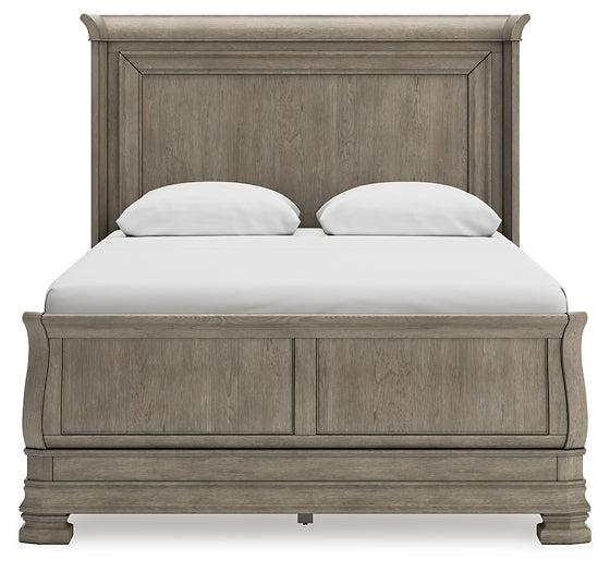 Cama tipo trineo Lexorne con tocador con espejo y mesita de noche