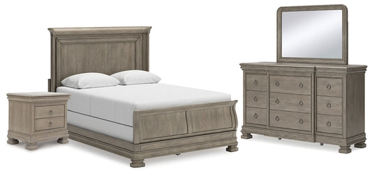 Cama tipo trineo Lexorne con tocador con espejo y mesita de noche
