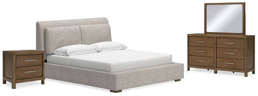 Cama tapizada Cabalynn California con tocador con espejo y mesita de noche