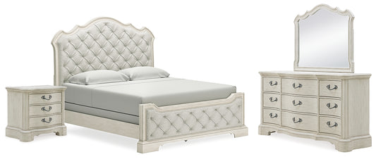 Cama tapizada Arlendyne California con tocador con espejo y mesita de noche