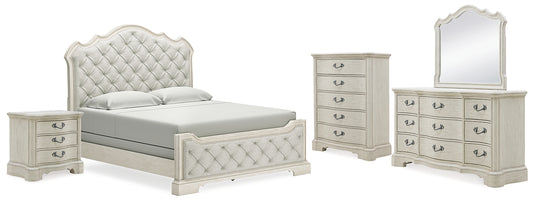 Cama tapizada California Arlendyne con cómoda con espejo, cómoda y mesita de noche