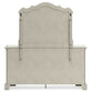 Cama tapizada California Arlendyne con cómoda con espejo, cómoda y mesita de noche