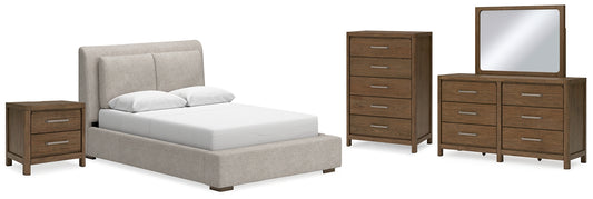 Cama tapizada Cabalynn con cómoda con espejo, cómoda y mesita de noche