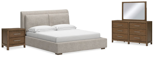 Cama tapizada Cabalynn con tocador con espejo y mesita de noche