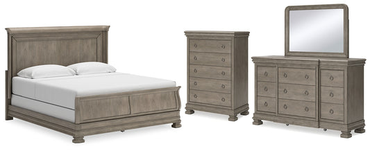 Cama estilo trineo California de Lexorne con tocador y cómoda con espejo