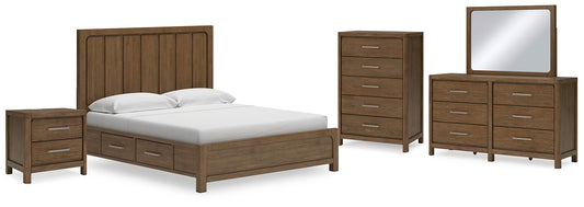 Cama California con paneles Cabalynn y espacio de almacenamiento, con tocador con espejo, cómoda y mesita de noche