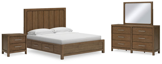 Cama Cabalynn California con paneles y espacio de almacenamiento, tocador con espejo y mesita de noche