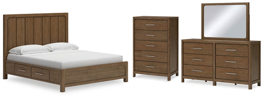 Cama Cabalynn California con paneles y espacio de almacenamiento, con cómoda y espejo