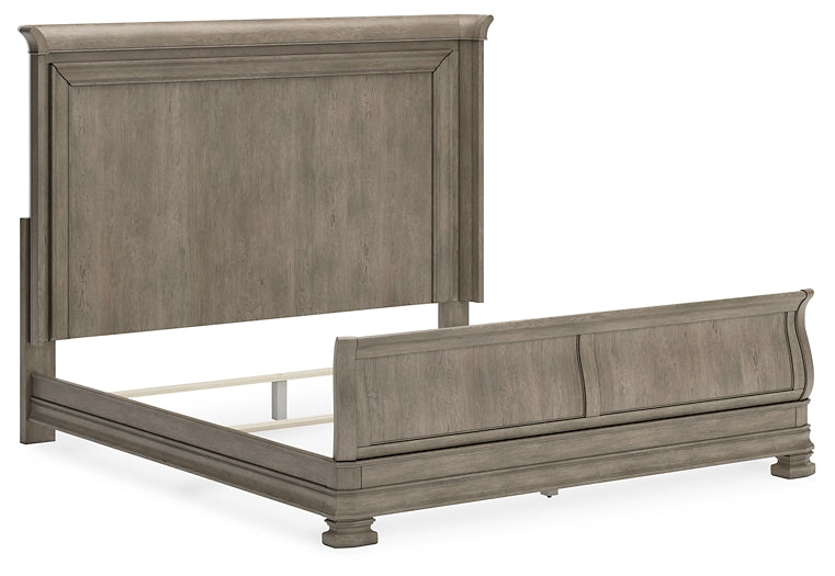 Cama estilo trineo California de Lexorne con tocador con espejo y mesita de noche