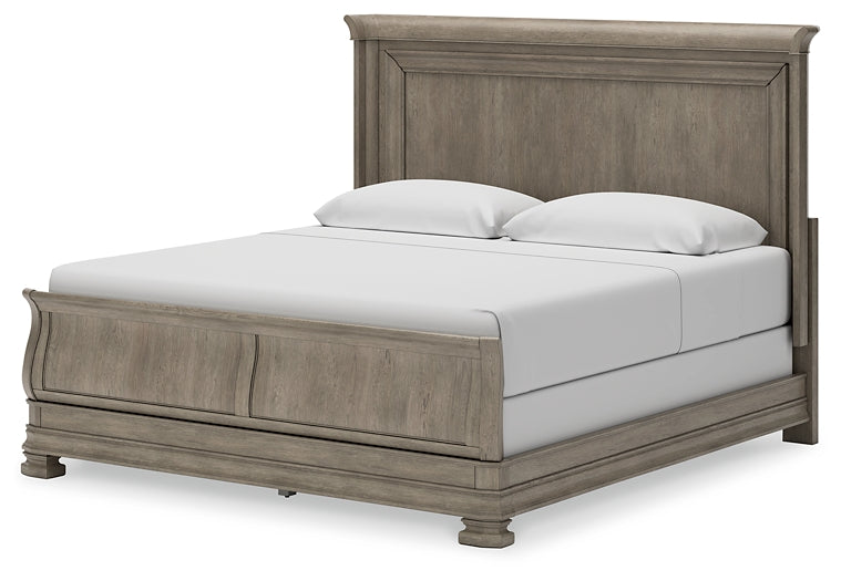Cama estilo trineo California de Lexorne con tocador con espejo y mesita de noche