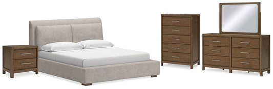 Cama tapizada Cabalynn con cómoda con espejo, cómoda y mesita de noche