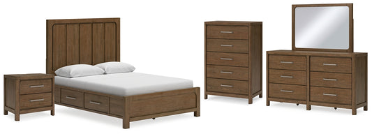Cama Cabalynn con paneles y espacio de almacenamiento, con tocador con espejo, cómoda y mesita de noche