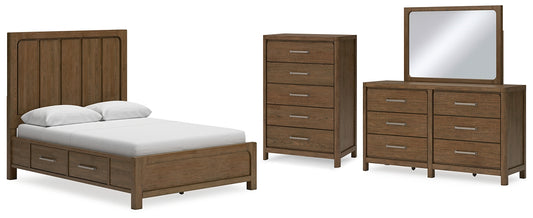 Cama Cabalynn con paneles y espacio de almacenamiento, con cómoda y espejo