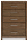 Cama tapizada Cabalynn California con cómoda con espejo, cómoda y mesita de noche