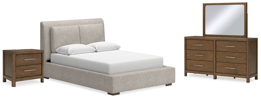 Cama tapizada Cabalynn con tocador con espejo y mesita de noche