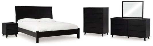 Cama con paneles Danziar, cómoda con espejo y mesita de noche