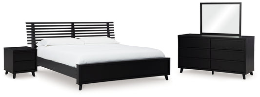 Cama con paneles Danziar, cómoda con espejo y mesita de noche