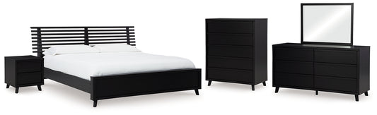 Cama con paneles Danziar, cómoda con espejo y mesita de noche