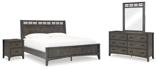 Cama California con paneles Montillan, cómoda con espejo y mesita de noche