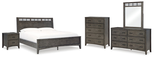 Cama California Montillan con paneles, cómoda con espejo y mesita de noche