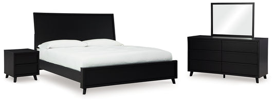 Cama con paneles Danziar, cómoda con espejo y mesita de noche